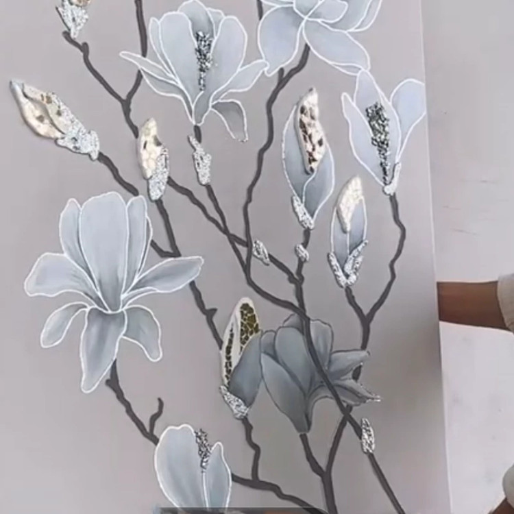 تابلو دکوراتیو برجسته گل وشکوفه کریستالی طوسی آبی ترند جدید خاص به روز